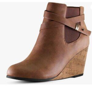 FOWT Saddle Brown Round Toe Ankle Boots Side Zipper Wedge High Heel Booties